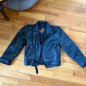 Children’s genuine leather motorcycle jacket black belted wild wear leatherwork